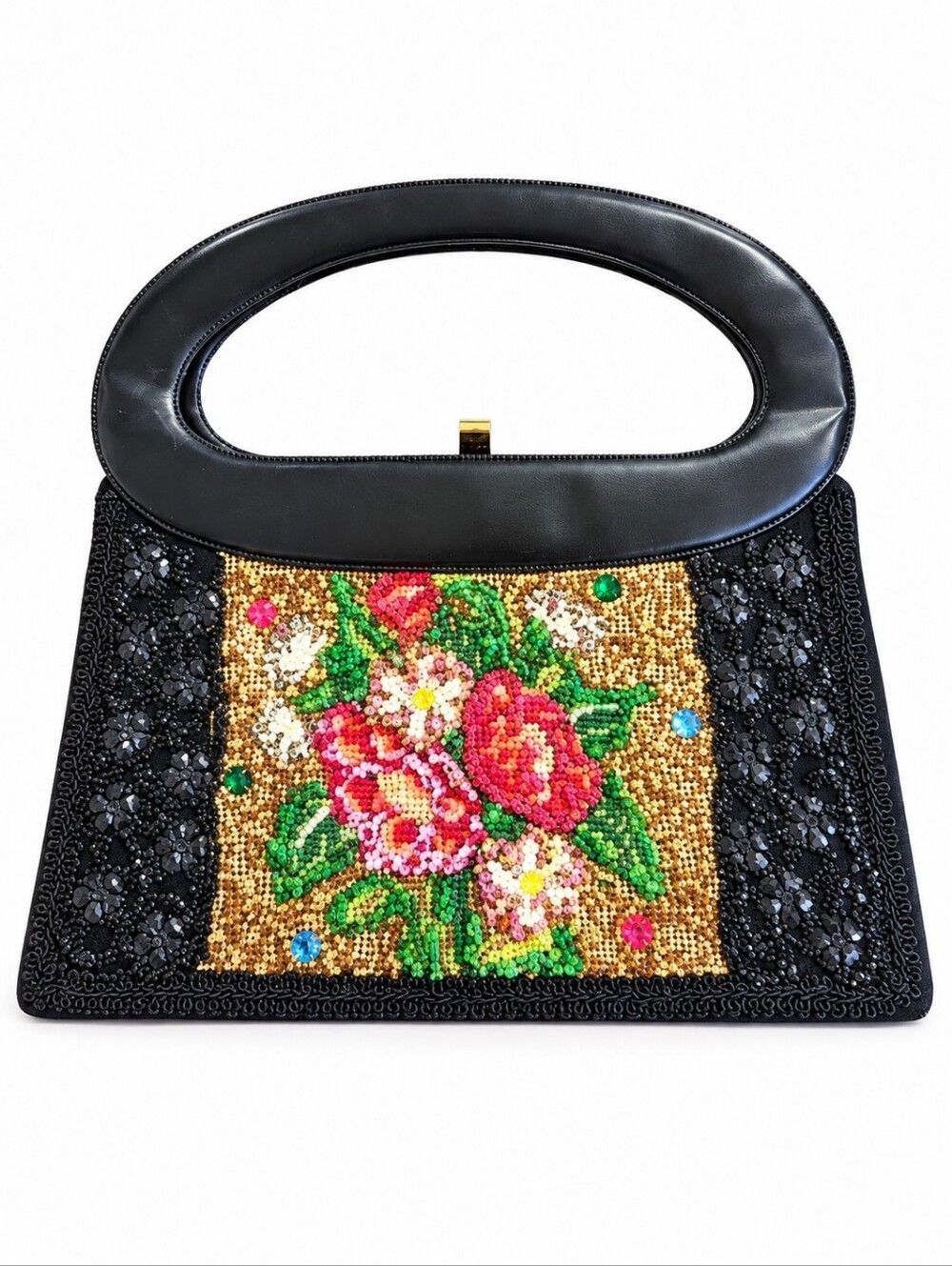 EUC Vintage women's rhinestone beaded floral framed satchel handbag, very rare